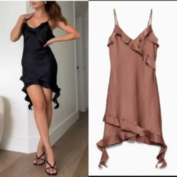 Aritzia Wilfred Botanical Satin Ruffle Dress Mocha Sorbet Medium - Picture 1 of 9